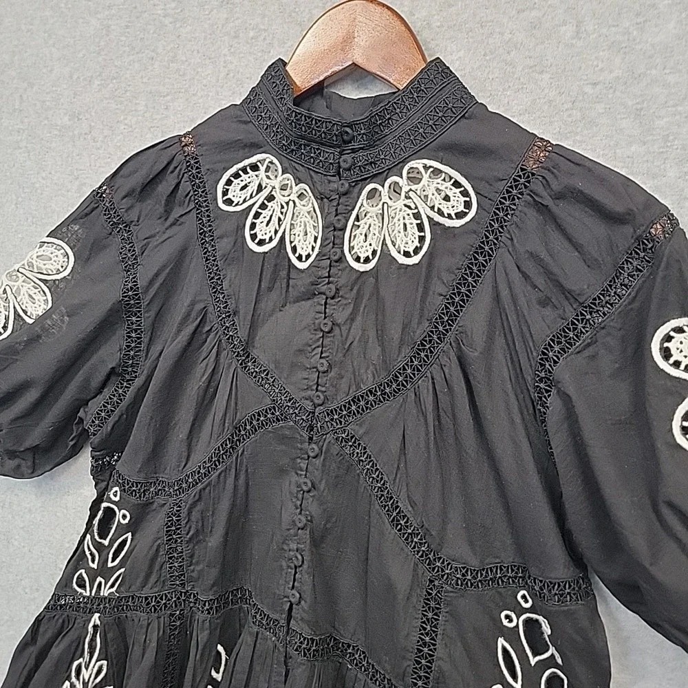 Forever‎ That Girl Anthropologie Black Blouse Top With Lace Embroidery Boho XS
